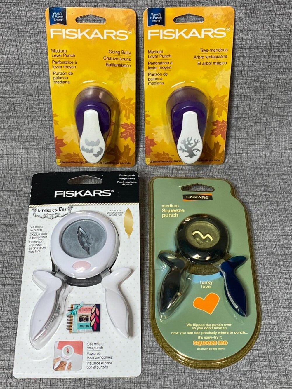 NEW Fiskars Squeeze Paper Punches Tree, Heart Funky, Going Batty, Tree Halloween